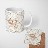 Personalized Custom Name Cute Lion Floral Leaves Seamless Pattern Soft Beige Background 11oz Ceramic Coffee Tea Mug White Large Handle