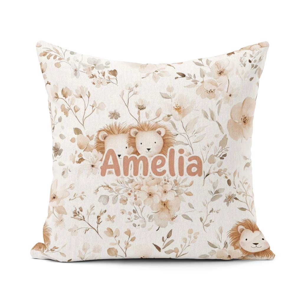 Custom Name Cute Lion Floral Leaves Seamless Pattern Soft Beige Square Filled Cushion Throw Pillow Sofa Bed Home Decor Zip Washable UK Made