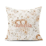 Custom Name Cute Lion Floral Leaves Seamless Pattern Soft Beige Square Filled Cushion Throw Pillow Sofa Bed Home Decor Zip Washable UK Made
