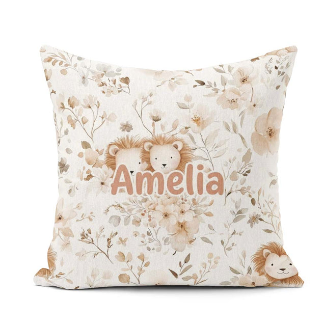 Custom Name Cute Lion Floral Leaves Seamless Pattern Soft Beige Square Filled Cushion Throw Pillow Sofa Bed Home Decor Zip Washable UK Made