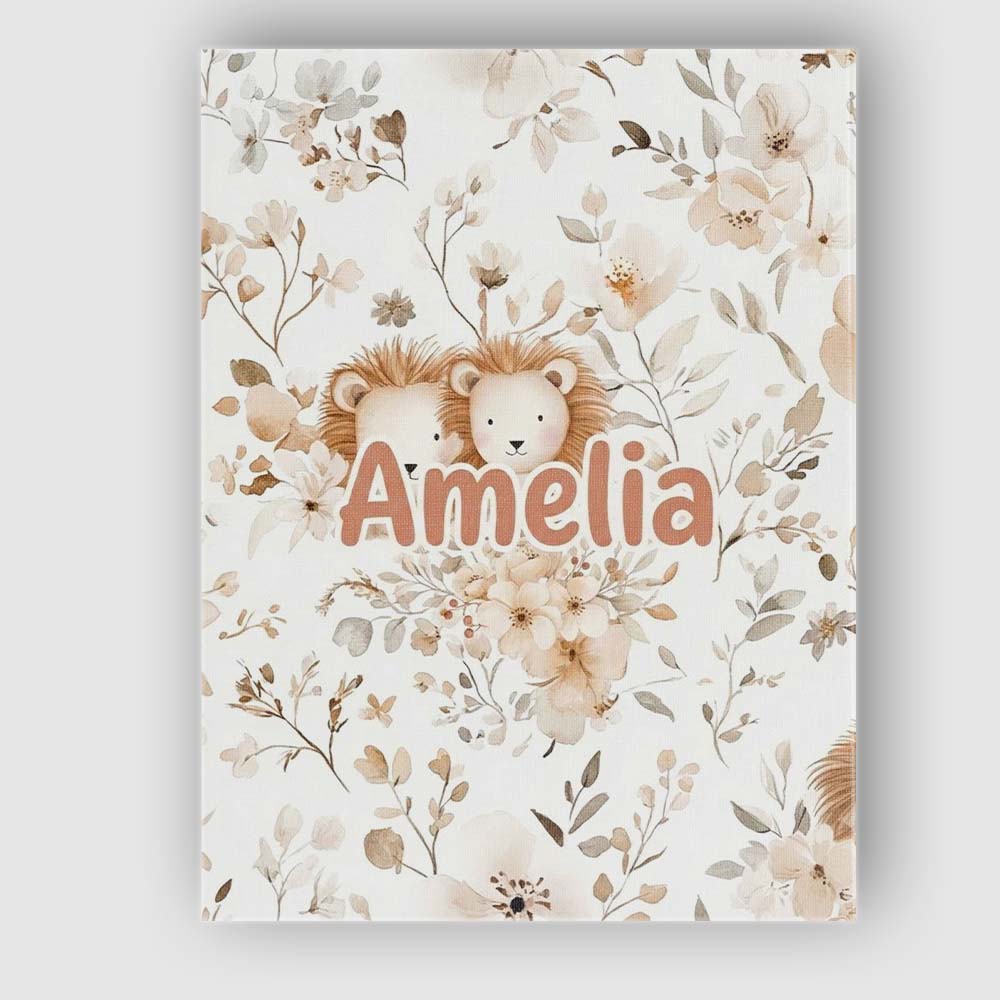 Personalised Name Cute Lion Floral Leaves Custom  Unique Gift Idea Elegant Feature Canvas Wall Art Print Decor Picture Ready to Hang