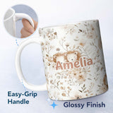 Personalized Custom Name Cute Lion Floral Leaves Seamless Pattern Soft Beige Background 11oz Ceramic Coffee Tea Mug White Large Handle