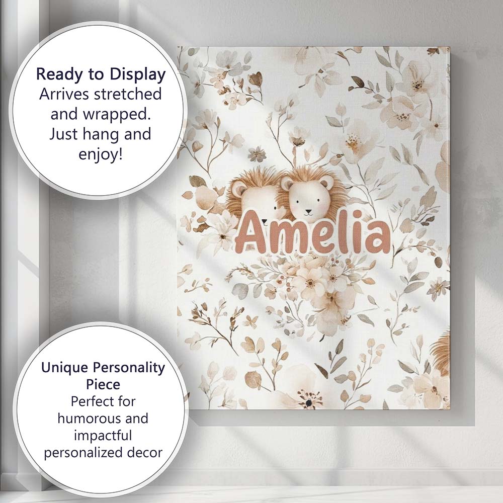 Personalised Name Cute Lion Floral Leaves Custom  Unique Gift Idea Elegant Feature Canvas Wall Art Print Decor Picture Ready to Hang