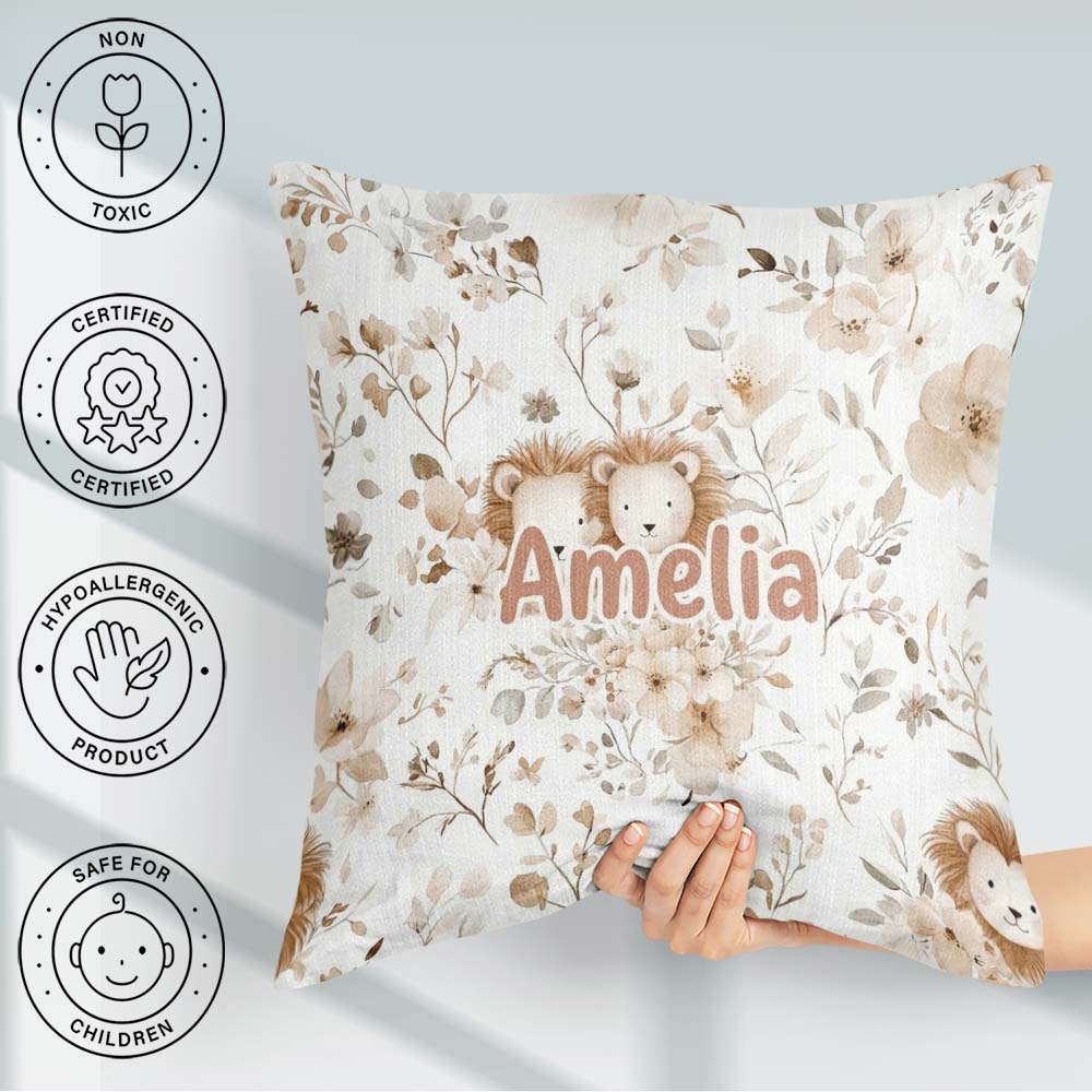 Custom Name Cute Lion Floral Leaves Seamless Pattern Soft Beige Square Filled Cushion Throw Pillow Sofa Bed Home Decor Zip Washable UK Made