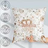 Custom Name Cute Lion Floral Leaves Seamless Pattern Soft Beige Square Filled Cushion Throw Pillow Sofa Bed Home Decor Zip Washable UK Made
