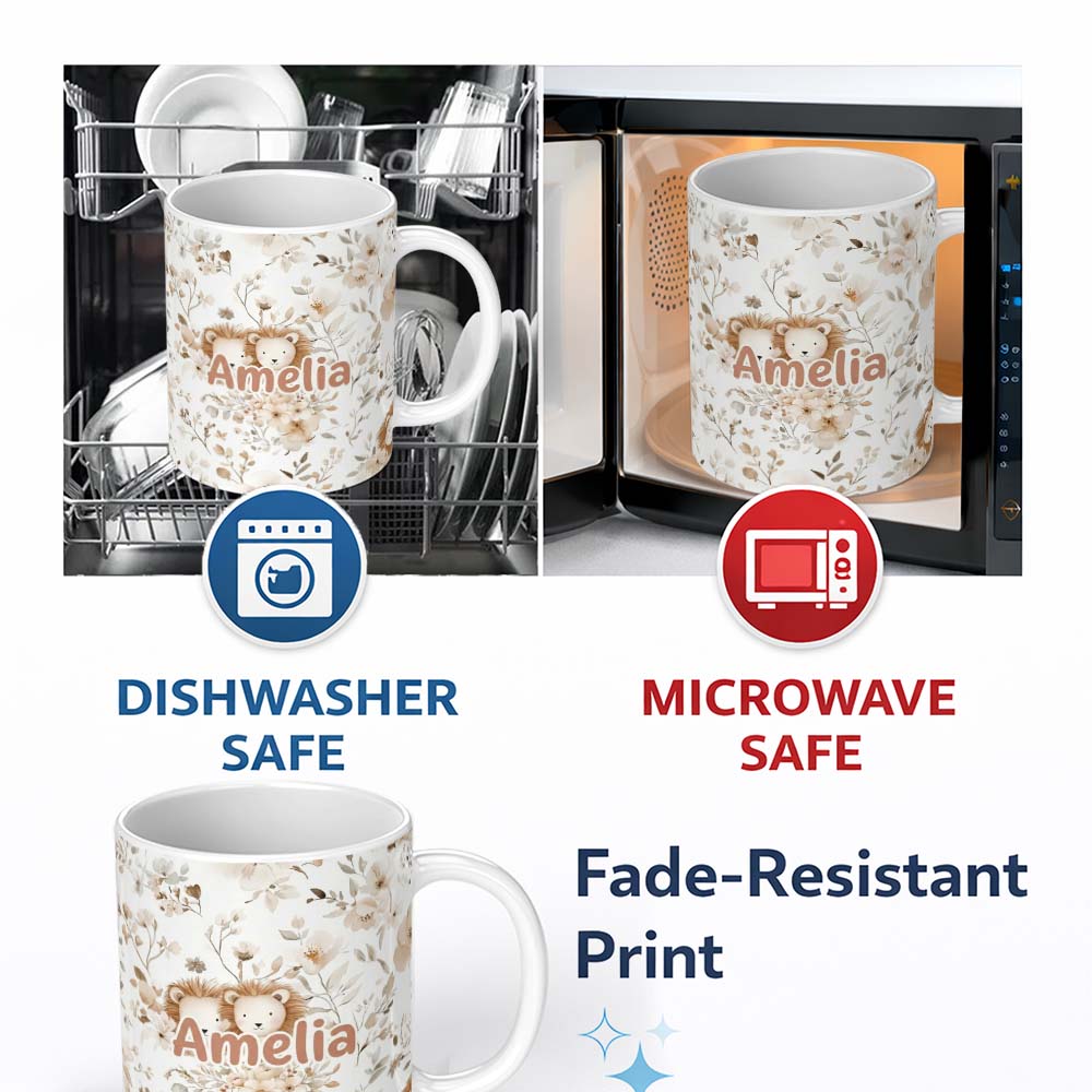 Personalized Custom Name Cute Lion Floral Leaves Seamless Pattern Soft Beige Background 11oz Ceramic Coffee Tea Mug White Large Handle