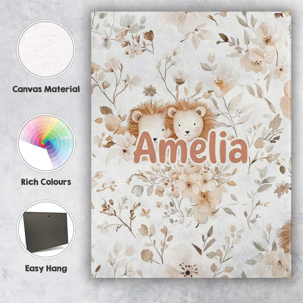 Personalised Name Cute Lion Floral Leaves Custom  Unique Gift Idea Elegant Feature Canvas Wall Art Print Decor Picture Ready to Hang