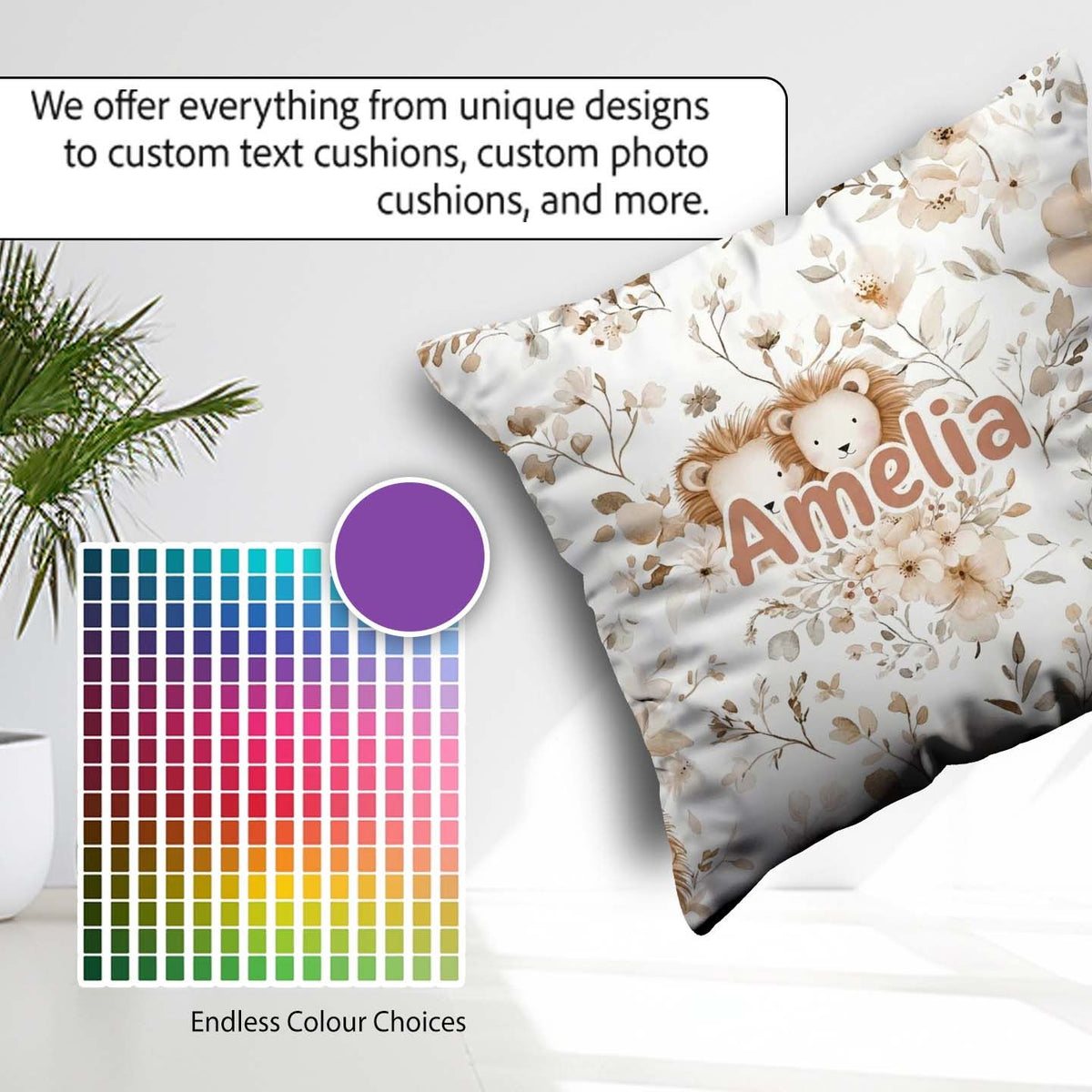 Custom Name Cute Lion Floral Leaves Seamless Pattern Soft Beige Square Filled Cushion Throw Pillow Sofa Bed Home Decor Zip Washable UK Made