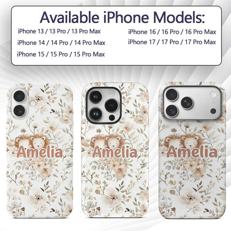 Cute Lion Floral Leaves Seamless Pattern Soft Custom Name Protective Phone Case Mobile Cover Durable Everyday Smartphone Shock Resistant