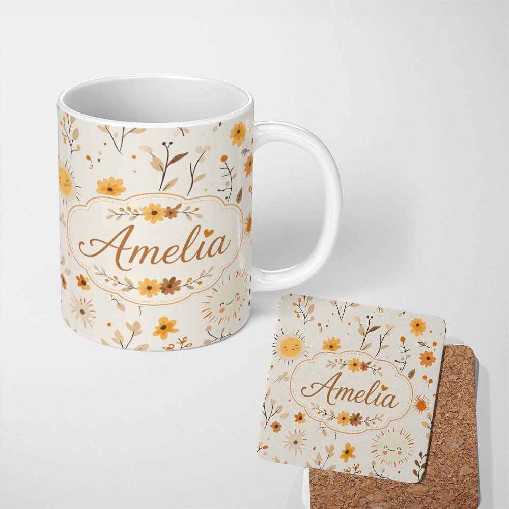 Personalized Custom Name Cute Smiling Sun Floral Leaves Seamless Pattern Warm Neutral 11oz Ceramic Coffee Tea Mug White Large Handle