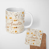 Personalized Custom Name Cute Smiling Sun Floral Leaves Seamless Pattern Warm Neutral 11oz Ceramic Coffee Tea Mug White Large Handle