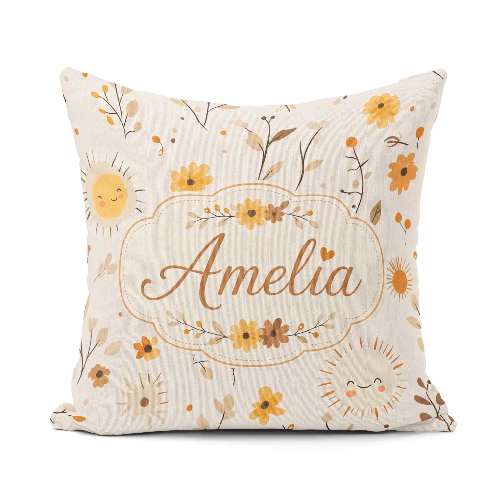 Custom Name Cute Smiling Sun Floral Leaves Seamless Pattern Warm Square Filled Cushion Throw Pillow Sofa Bed Home Decor Zip Washable UK Made