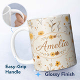 Personalized Custom Name Cute Smiling Sun Floral Leaves Seamless Pattern Warm Neutral 11oz Ceramic Coffee Tea Mug White Large Handle