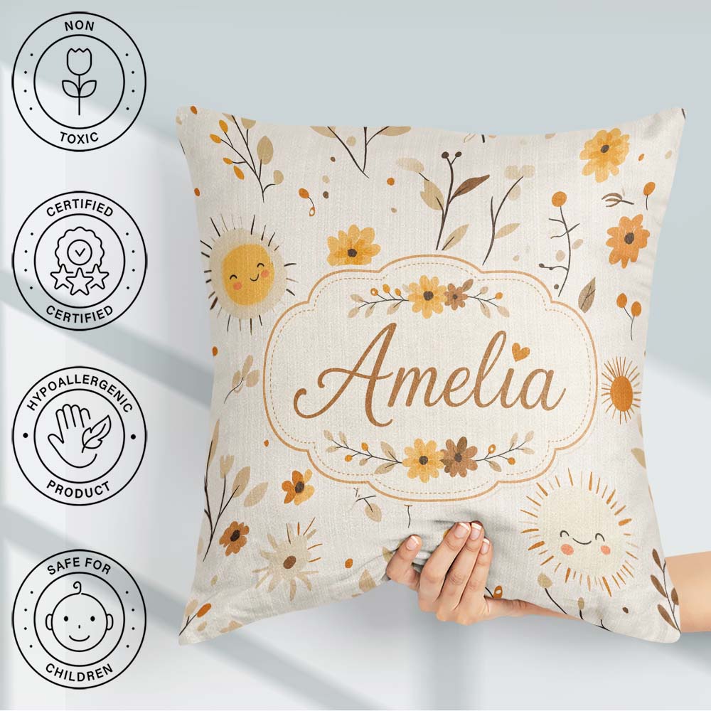 Custom Name Cute Smiling Sun Floral Leaves Seamless Pattern Warm Square Filled Cushion Throw Pillow Sofa Bed Home Decor Zip Washable UK Made