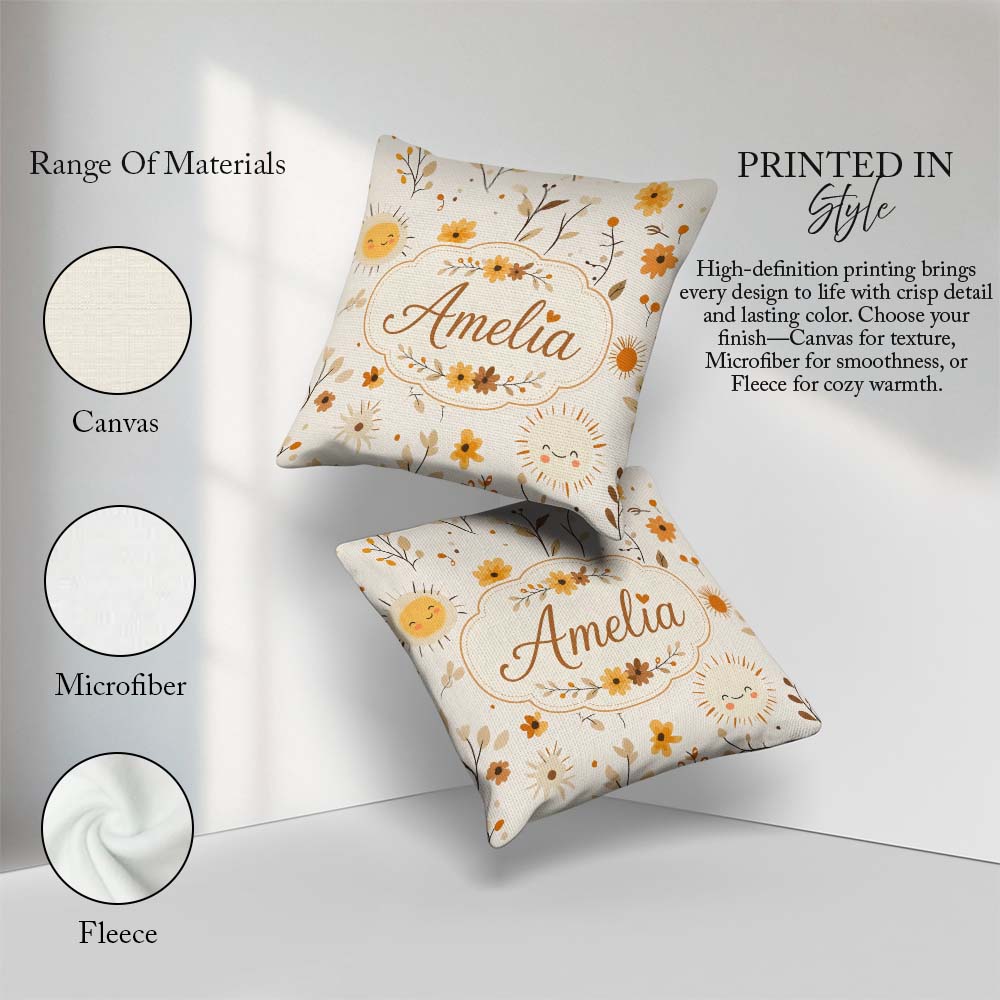 Custom Name Cute Smiling Sun Floral Leaves Seamless Pattern Warm Square Filled Cushion Throw Pillow Sofa Bed Home Decor Zip Washable UK Made