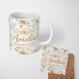 Personalized Custom Name Soft Beige Floral Stars Botanical Seamless Pattern Elegant Neutral 11oz Ceramic Coffee Tea Mug White Large Handle