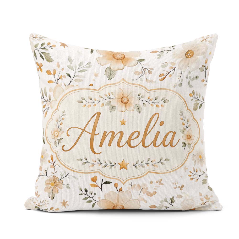 Custom Name Soft Beige Floral Botanical Seamless Pattern Elegant Square Filled Cushion Throw Pillow Sofa Bed Home Decor Zip Washable UK Made