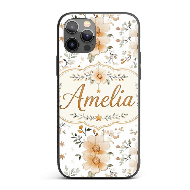 Soft Beige Floral Stars Botanical Printed Design Custom Name Protective Phone Case Mobile Cover Durable Everyday Smartphone Shock Resistant