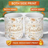 Personalized Custom Name Soft Beige Floral Stars Botanical Seamless Pattern Elegant Neutral 11oz Ceramic Coffee Tea Mug White Large Handle