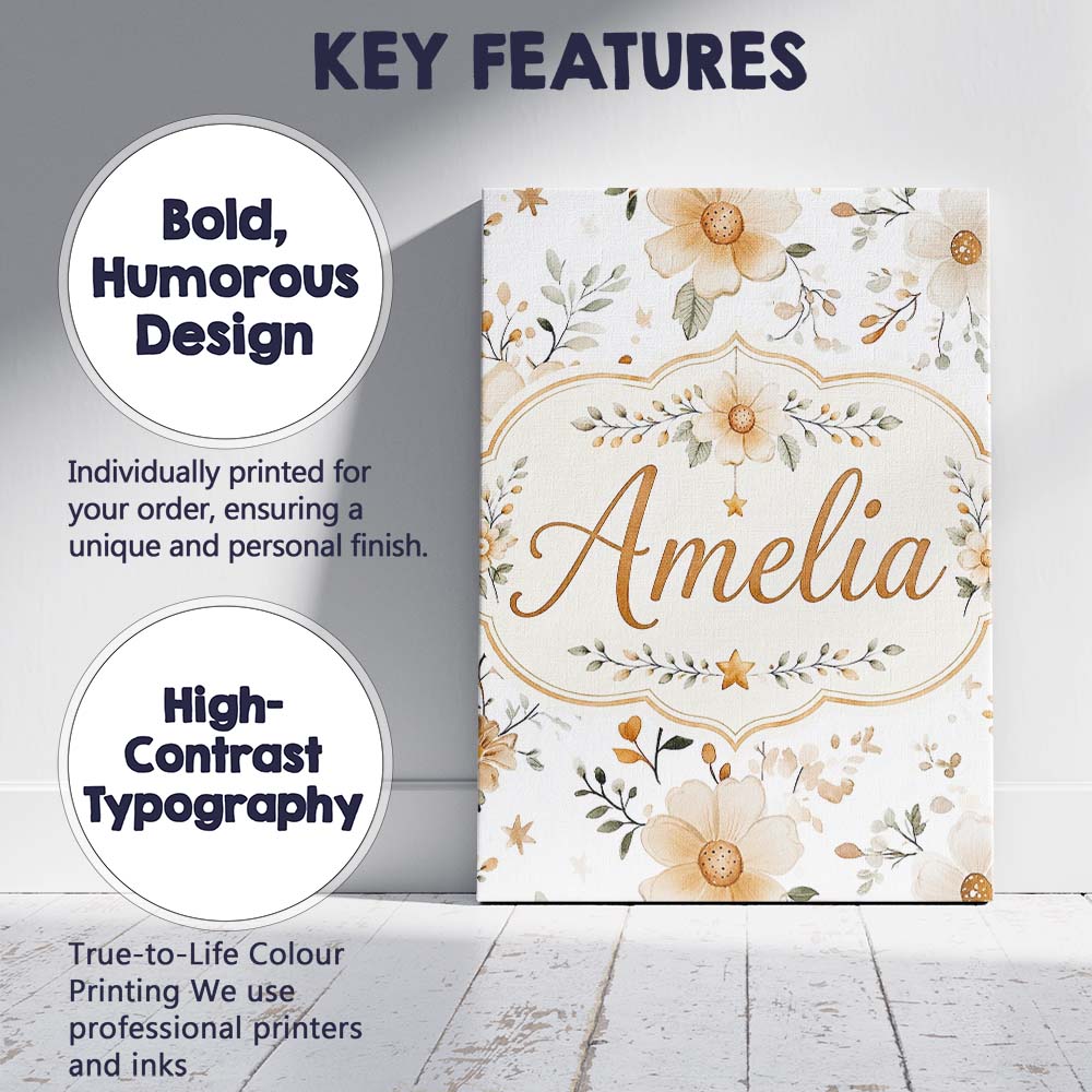 Personalised Name Soft Beige Floral Stars Custom  Unique Gift Idea Elegant Feature Canvas Wall Art Print Decor Picture Ready to Hang