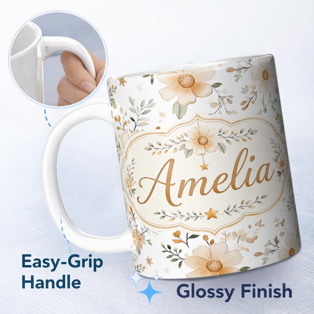 Personalized Custom Name Soft Beige Floral Stars Botanical Seamless Pattern Elegant Neutral 11oz Ceramic Coffee Tea Mug White Large Handle