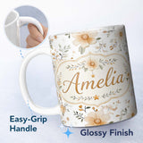 Personalized Custom Name Soft Beige Floral Stars Botanical Seamless Pattern Elegant Neutral 11oz Ceramic Coffee Tea Mug White Large Handle