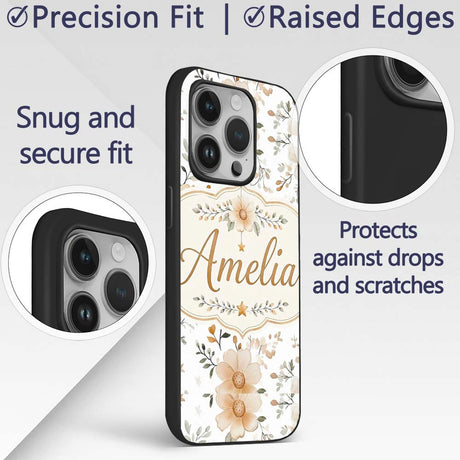 Soft Beige Floral Stars Botanical Printed Design Custom Name Protective Phone Case Mobile Cover Durable Everyday Smartphone Shock Resistant