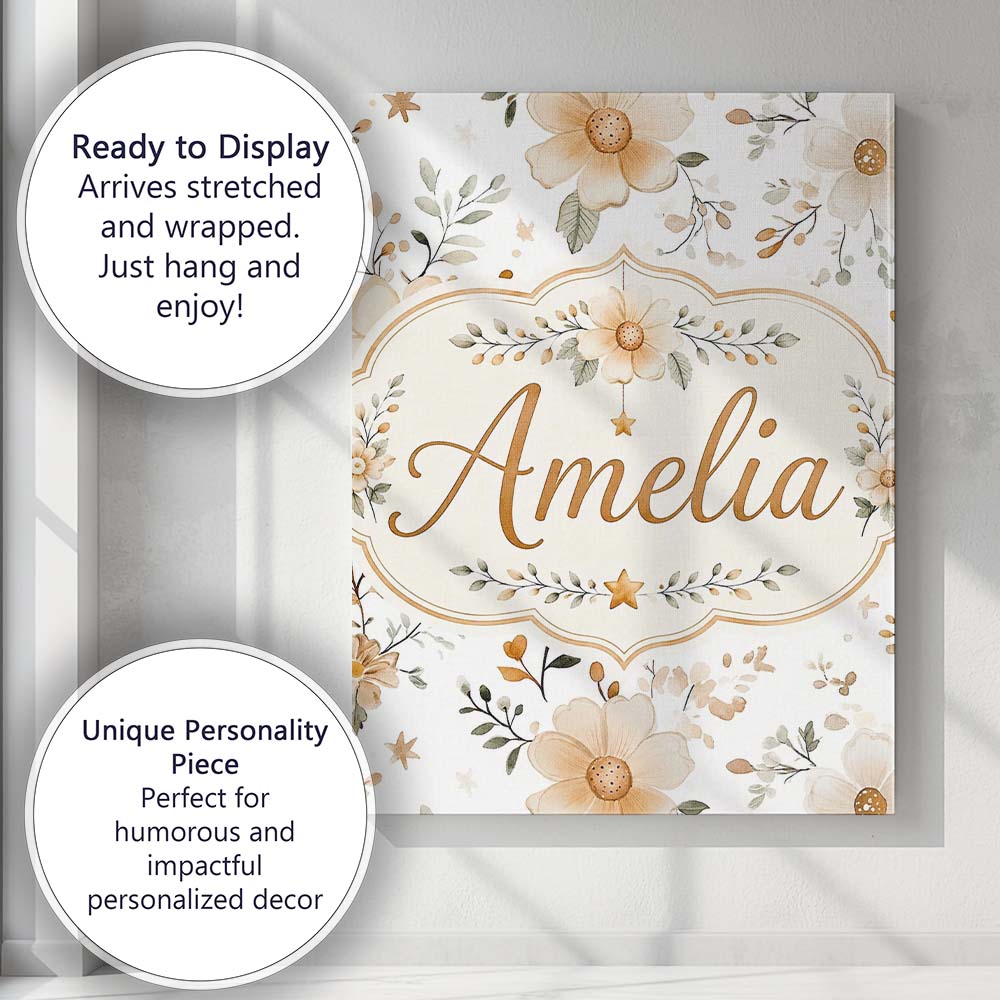 Personalised Name Soft Beige Floral Stars Custom  Unique Gift Idea Elegant Feature Canvas Wall Art Print Decor Picture Ready to Hang