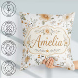 Custom Name Soft Beige Floral Botanical Seamless Pattern Elegant Square Filled Cushion Throw Pillow Sofa Bed Home Decor Zip Washable UK Made
