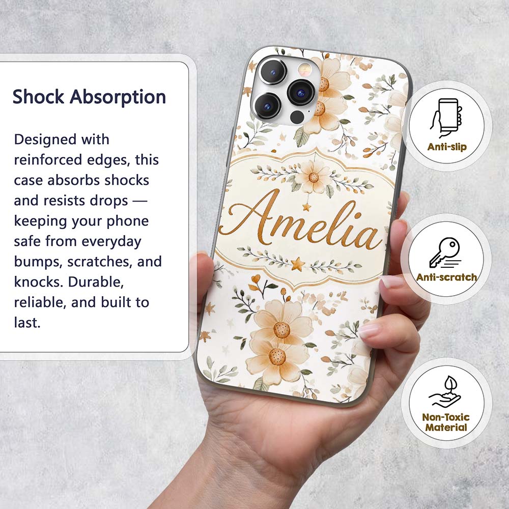 Soft Beige Floral Stars Botanical Printed Design Custom Name Protective Phone Case Mobile Cover Durable Everyday Smartphone Shock Resistant