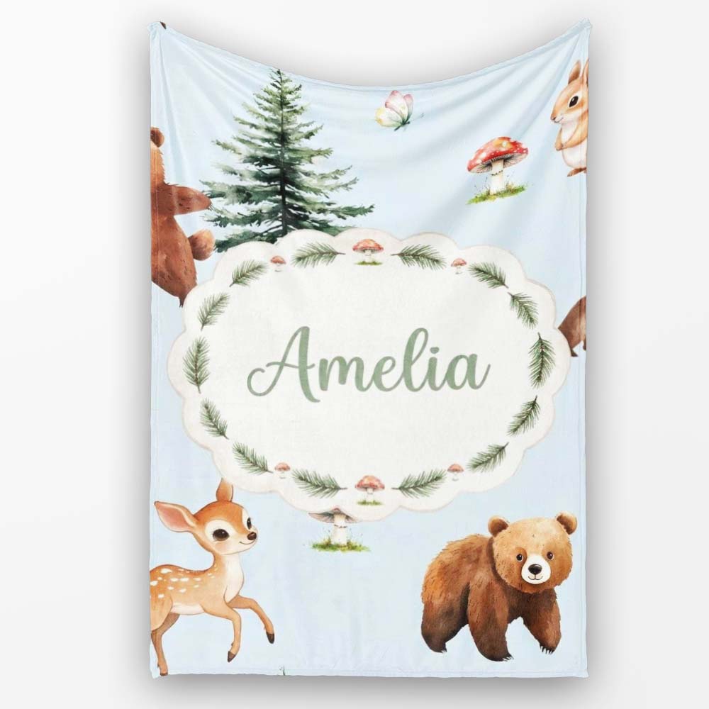 Cute Woodland Forest Animals Bear Bunny Deer on Cream Background  Personalised Custom Name Super Soft Fleece Blanket Bed Sofa Throw
