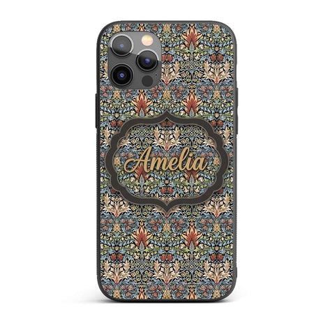 Vintage Ornamental Floral Damask Seamless Pattern Custom Name Protective Phone Case Mobile Cover Durable Everyday Smartphone Shock Resistant