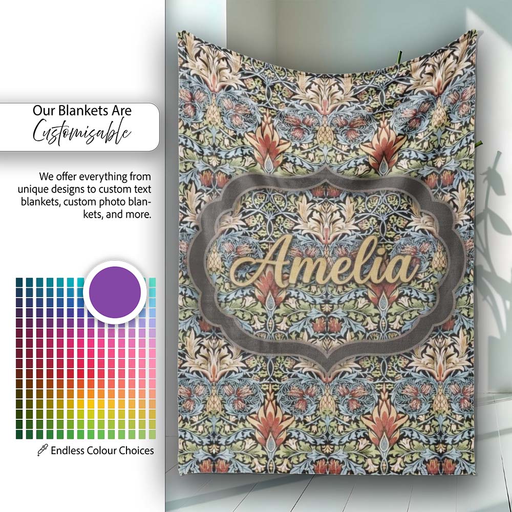 Vintage Ornamental Floral Damask Seamless Pattern Classic  Personalised Custom Name Super Soft Fleece Blanket Bed Sofa Throw