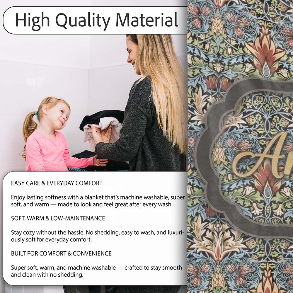 Vintage Ornamental Floral Damask Seamless Pattern Classic  Personalised Custom Name Super Soft Fleece Blanket Bed Sofa Throw