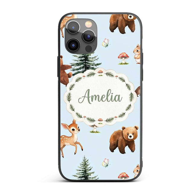 Cute Woodland Forest Animals Bear Bunny Deer on Custom Name Protective Phone Case Mobile Cover Durable Everyday Smartphone Shock Resistant