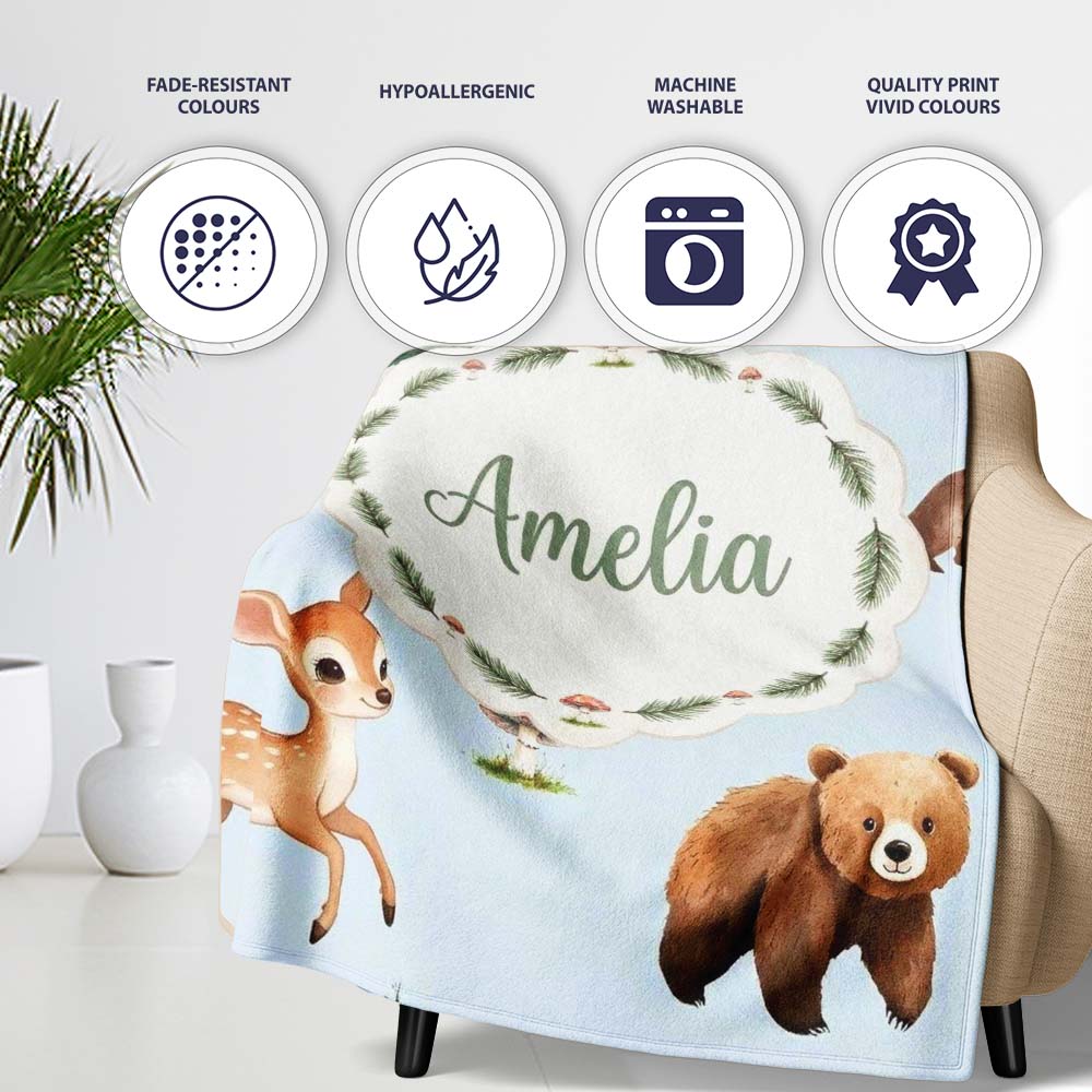 Cute Woodland Forest Animals Bear Bunny Deer on Cream Background  Personalised Custom Name Super Soft Fleece Blanket Bed Sofa Throw