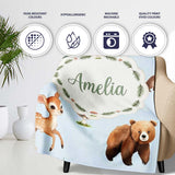 Cute Woodland Forest Animals Bear Bunny Deer on Cream Background  Personalised Custom Name Super Soft Fleece Blanket Bed Sofa Throw