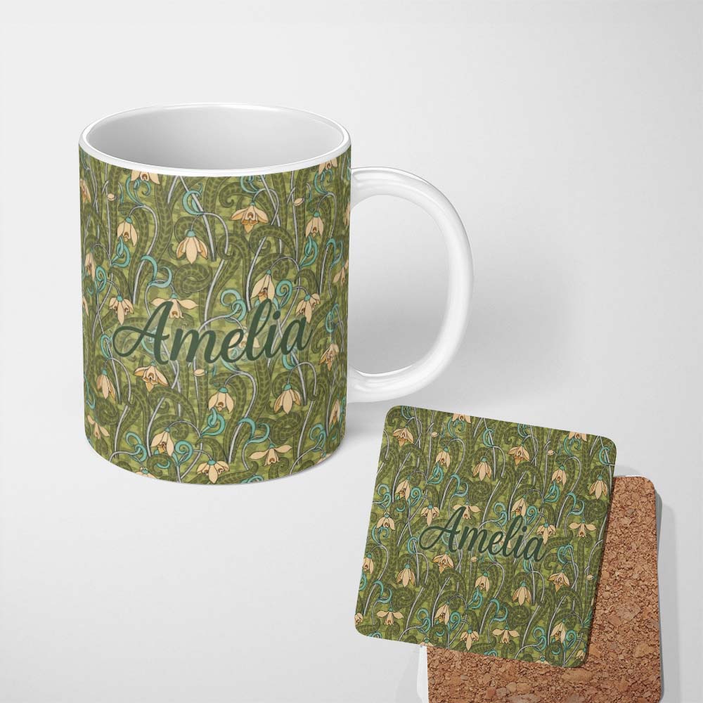 Personalized Custom Name Art Nouveau Green Botanical Floral Seamless Pattern Vintage Nature 11oz Ceramic Coffee Tea Mug White Large Handle