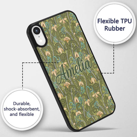 Art Nouveau Green Botanical Floral Printed Design Custom Name Protective Phone Case Mobile Cover Durable Everyday Smartphone Shock Resistant