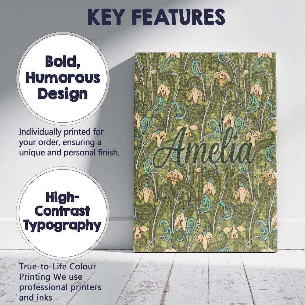 Personalised Name Nouveau Green Botanical Custom Modern Room Accent Contemporary Display Canvas Wall Art Print Decor Picture Ready to Hang
