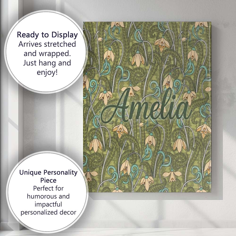 Personalised Name Nouveau Green Botanical Custom Modern Room Accent Contemporary Display Canvas Wall Art Print Decor Picture Ready to Hang