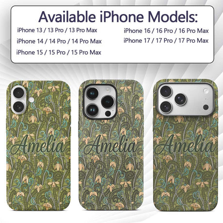 Art Nouveau Green Botanical Floral Printed Design Custom Name Protective Phone Case Mobile Cover Durable Everyday Smartphone Shock Resistant