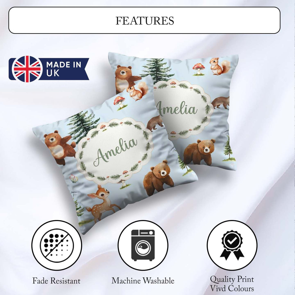 Custom Name Woodland Animals Bear Bunny Deer on Cream Background Square Filled Cushion Throw Pillow Sofa Bed Home Decor Zip Washable UK Made