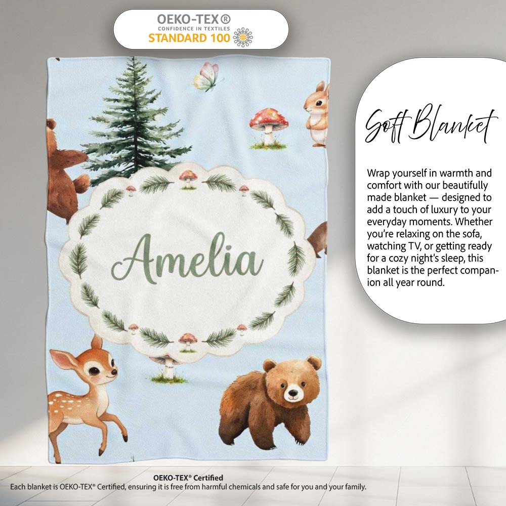 Cute Woodland Forest Animals Bear Bunny Deer on Cream Background  Personalised Custom Name Super Soft Fleece Blanket Bed Sofa Throw