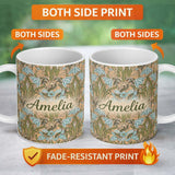 Personalized Custom Name William Morris Style Blue Floral Seamless Pattern Vintage Classic 11oz Ceramic Coffee Tea Mug White Large Handle