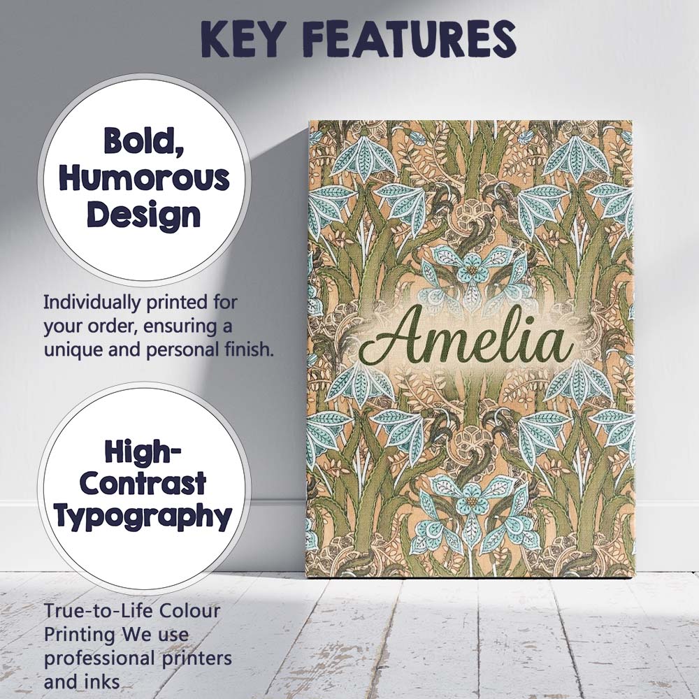 Personalised Name William Morris Style Blue Custom  Bespoke Interior Contemporary Canvas Wall Art Print Decor Picture Ready to Hang