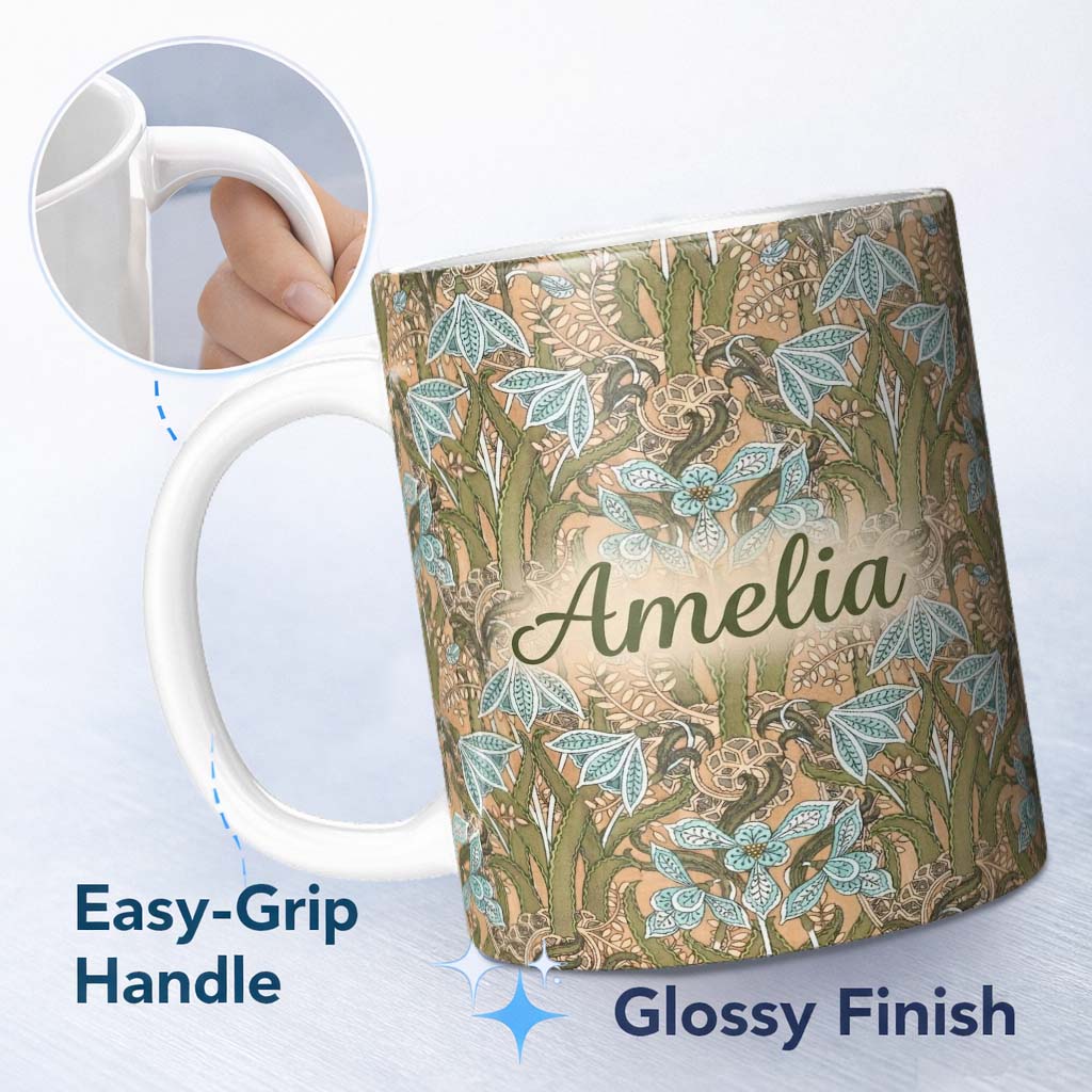 Personalized Custom Name William Morris Style Blue Floral Seamless Pattern Vintage Classic 11oz Ceramic Coffee Tea Mug White Large Handle