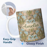 Personalized Custom Name William Morris Style Blue Floral Seamless Pattern Vintage Classic 11oz Ceramic Coffee Tea Mug White Large Handle