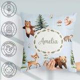 Custom Name Woodland Animals Bear Bunny Deer on Cream Background Square Filled Cushion Throw Pillow Sofa Bed Home Decor Zip Washable UK Made