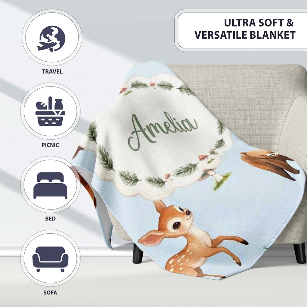Cute Woodland Forest Animals Bear Bunny Deer on Cream Background  Personalised Custom Name Super Soft Fleece Blanket Bed Sofa Throw